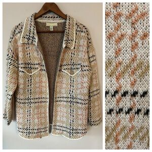 By Design Ava Neutral Plaid Knit Shacket Open Front Cozy Layer, Size Small